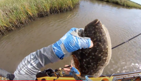 Grinding for flounder, Kayak fishing Texas Marsh
